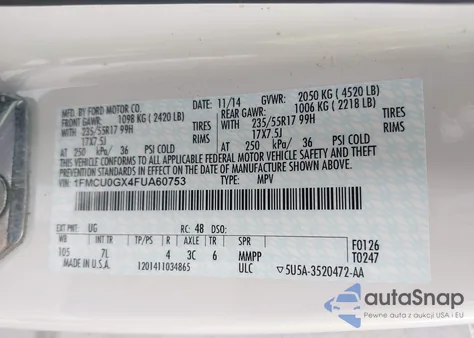 2015 Ford Escape Se z USA, uszkodzony, nr VIN 1FMCU0GX4FUA60753